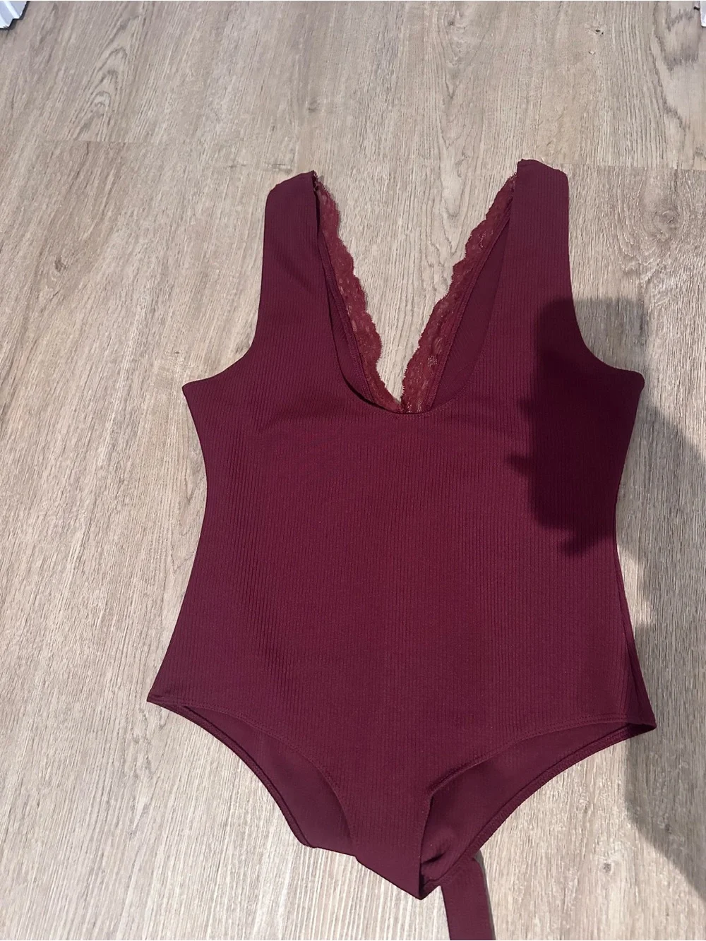 Free People Lace-Trim Ribbed Bodysuit in Burgundy